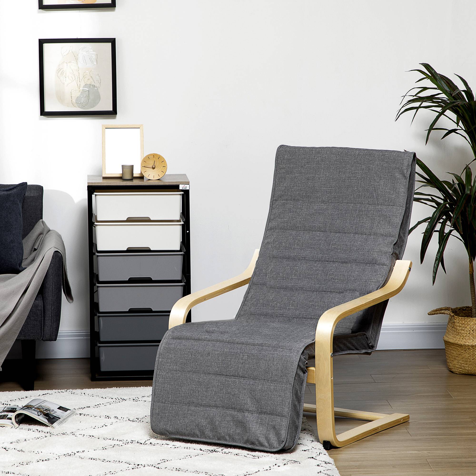 Fauteuil d'appoint inclinable avec repose-pieds réglable, structure en bois de bouleau, jusqu'à 120 kg, 66,5 x 94 x 100 cm, gris - Image 4
