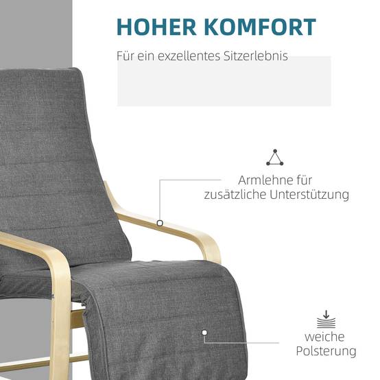 Fauteuil d'appoint inclinable avec repose-pieds réglable, structure en bois de bouleau, jusqu'à 120 kg, 66,5 x 94 x 100 cm, gris - Image 7