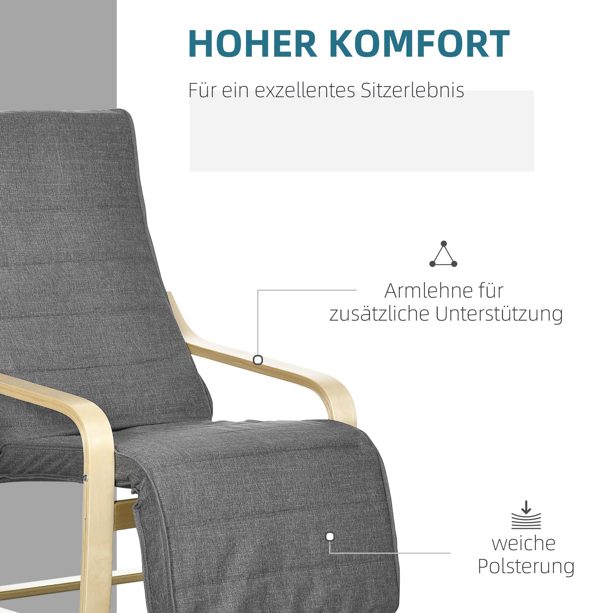 Fauteuil d'appoint inclinable avec repose-pieds réglable, structure en bois de bouleau, jusqu'à 120 kg, 66,5 x 94 x 100 cm, gris - Image 7