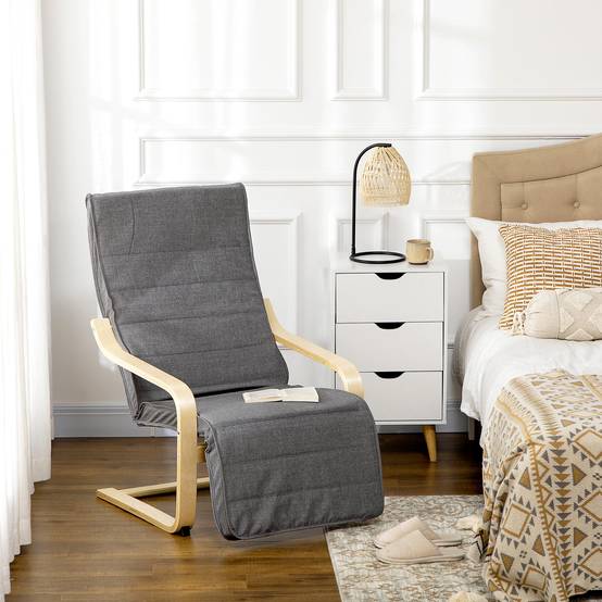 Fauteuil d'appoint inclinable avec repose-pieds réglable, structure en bois de bouleau, jusqu'à 120 kg, 66,5 x 94 x 100 cm, gris - Image 3