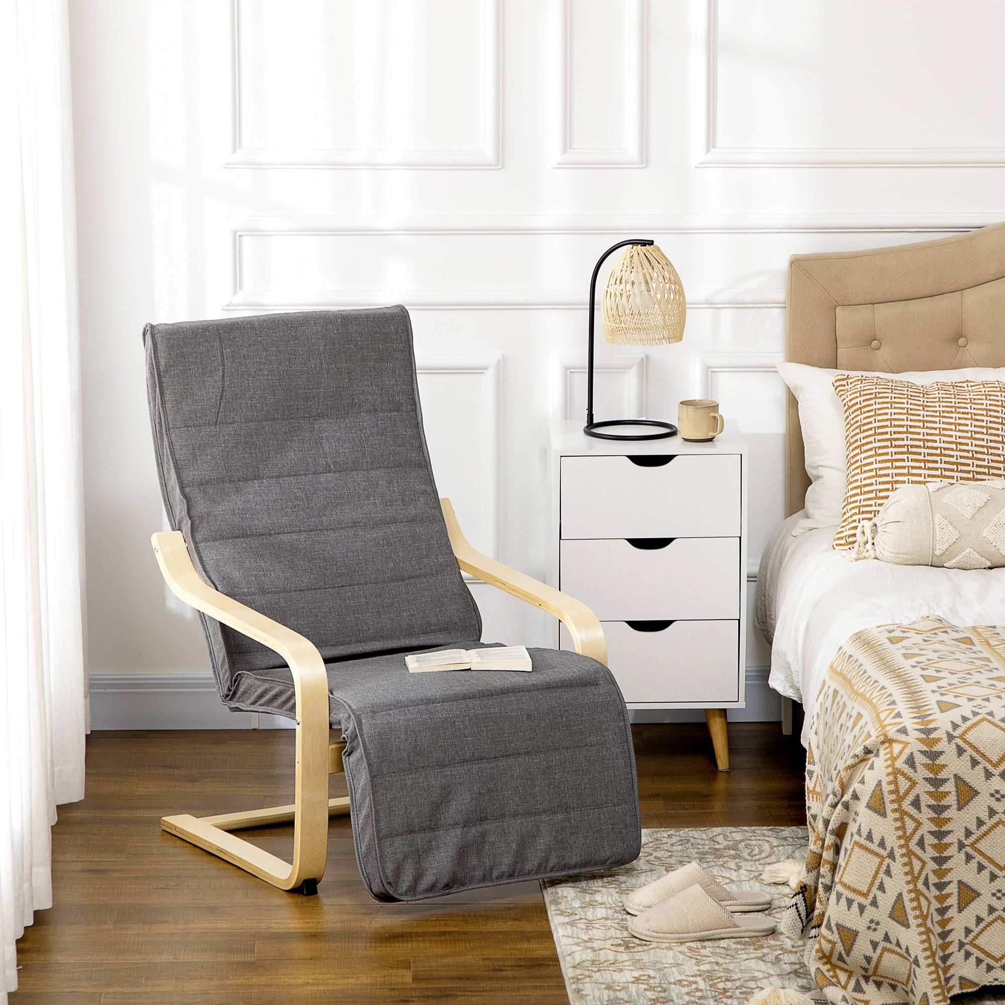 Fauteuil d'appoint inclinable avec repose-pieds réglable, structure en bois de bouleau, jusqu'à 120 kg, 66,5 x 94 x 100 cm, gris - Image 3