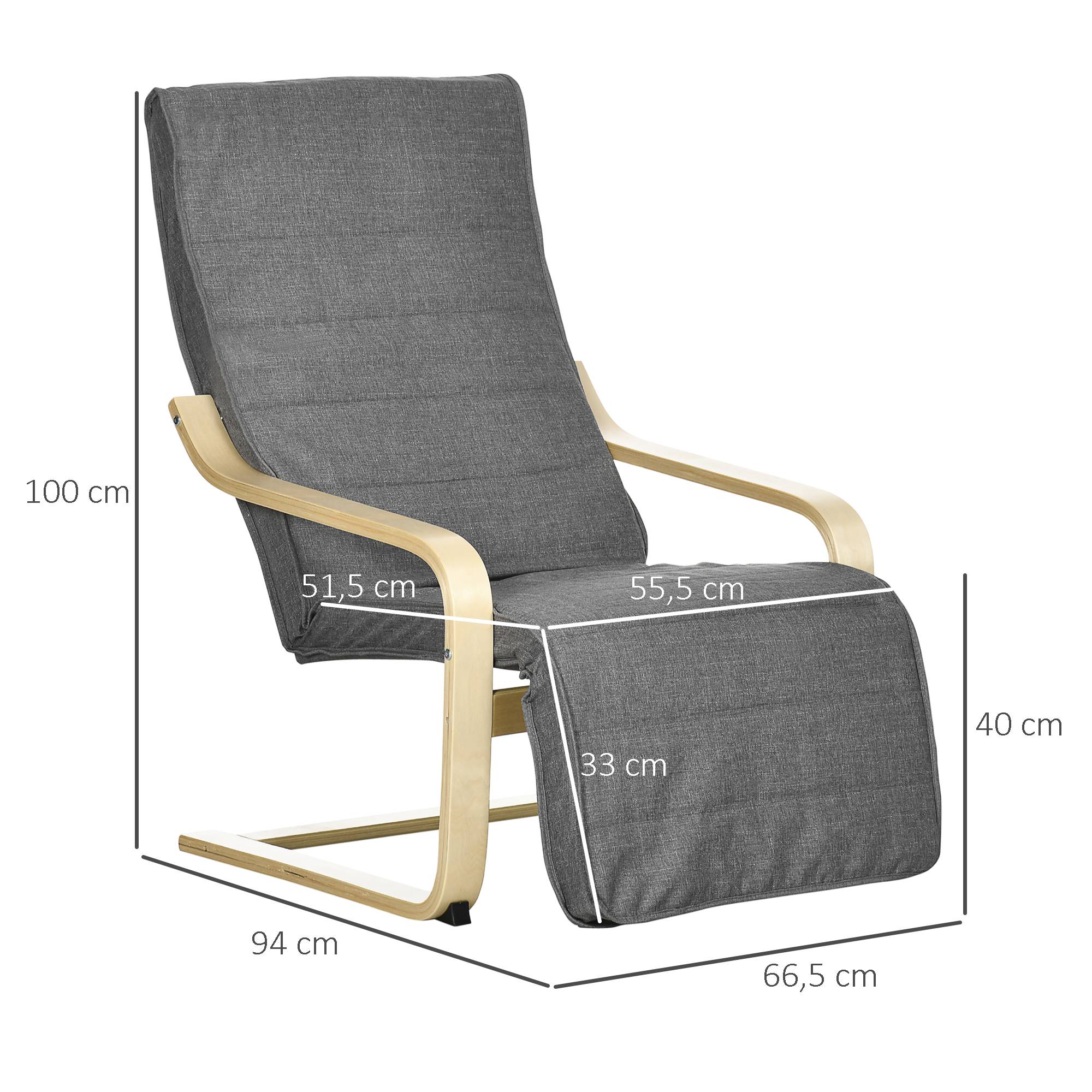 Fauteuil d'appoint inclinable avec repose-pieds réglable, structure en bois de bouleau, jusqu'à 120 kg, 66,5 x 94 x 100 cm, gris - Image 5