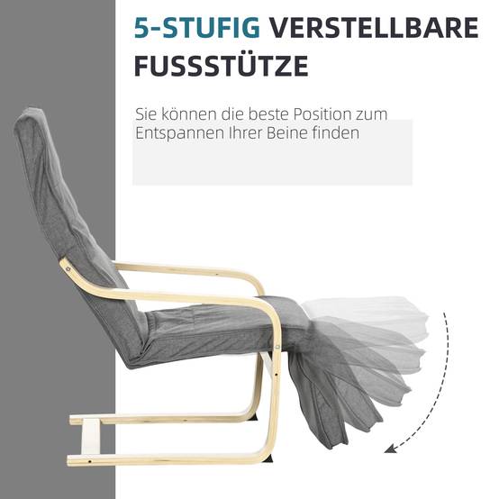 Fauteuil d'appoint inclinable avec repose-pieds réglable, structure en bois de bouleau, jusqu'à 120 kg, 66,5 x 94 x 100 cm, gris - Image 6