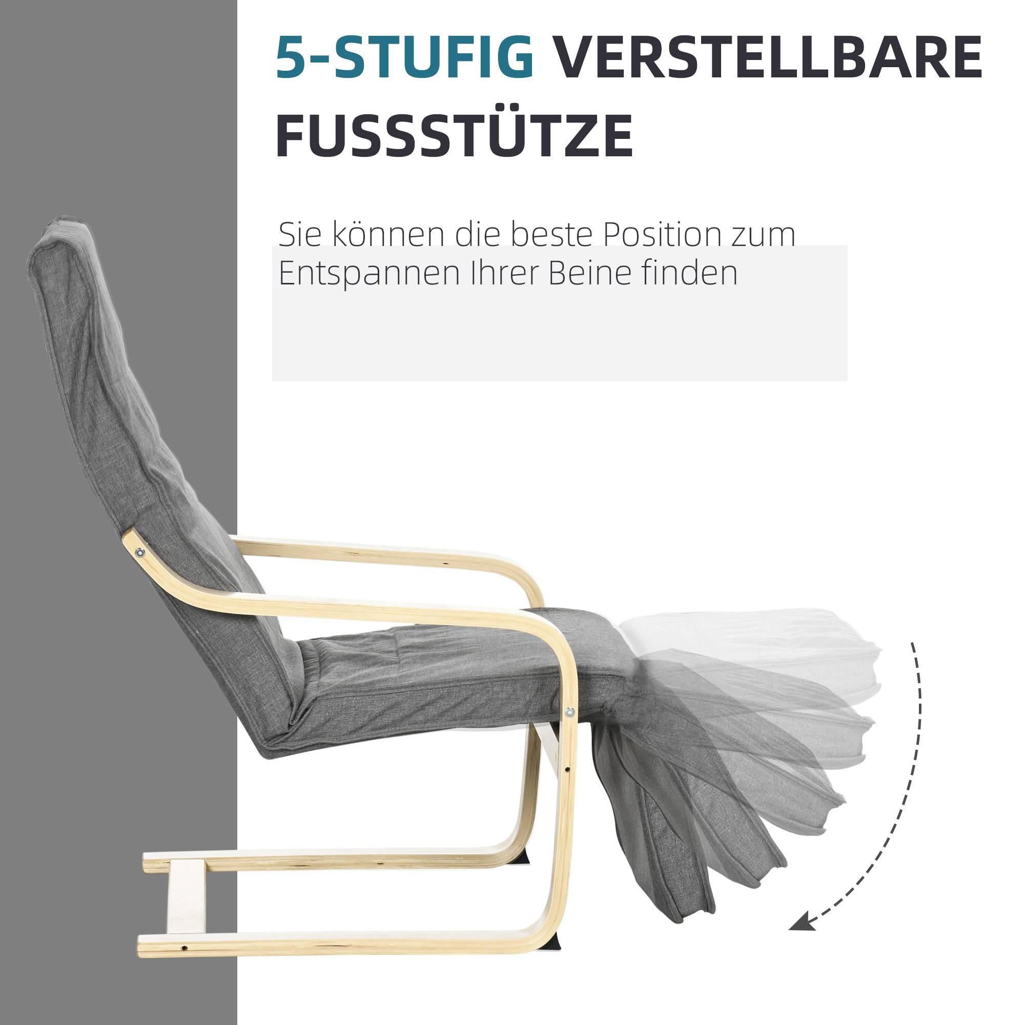 Fauteuil d'appoint inclinable avec repose-pieds réglable, structure en bois de bouleau, jusqu'à 120 kg, 66,5 x 94 x 100 cm, gris - Image 6