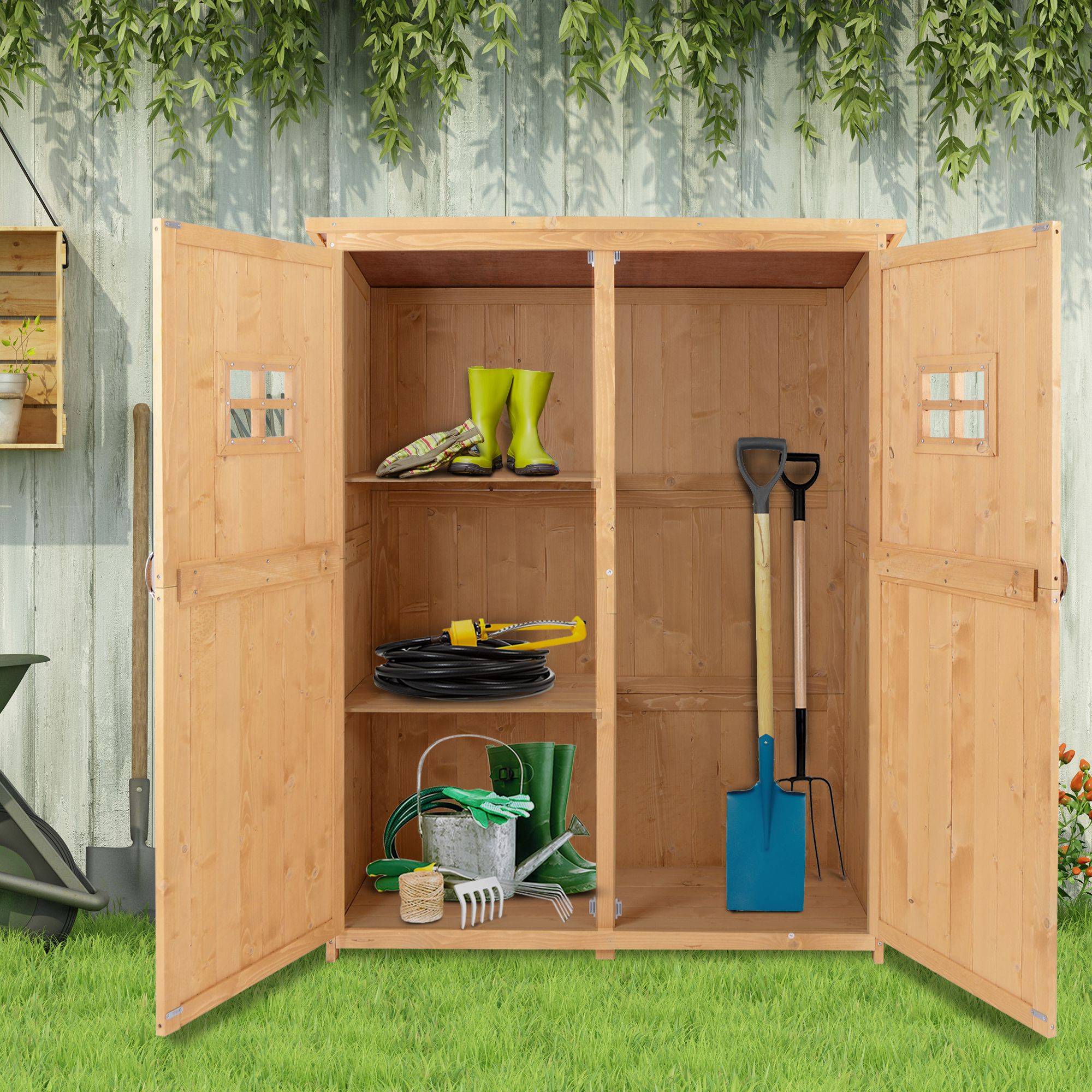 Abri de jardin en bois avec double porte, étagères et fenêtres, 127,5 x 50 x 164 cm - Image 4