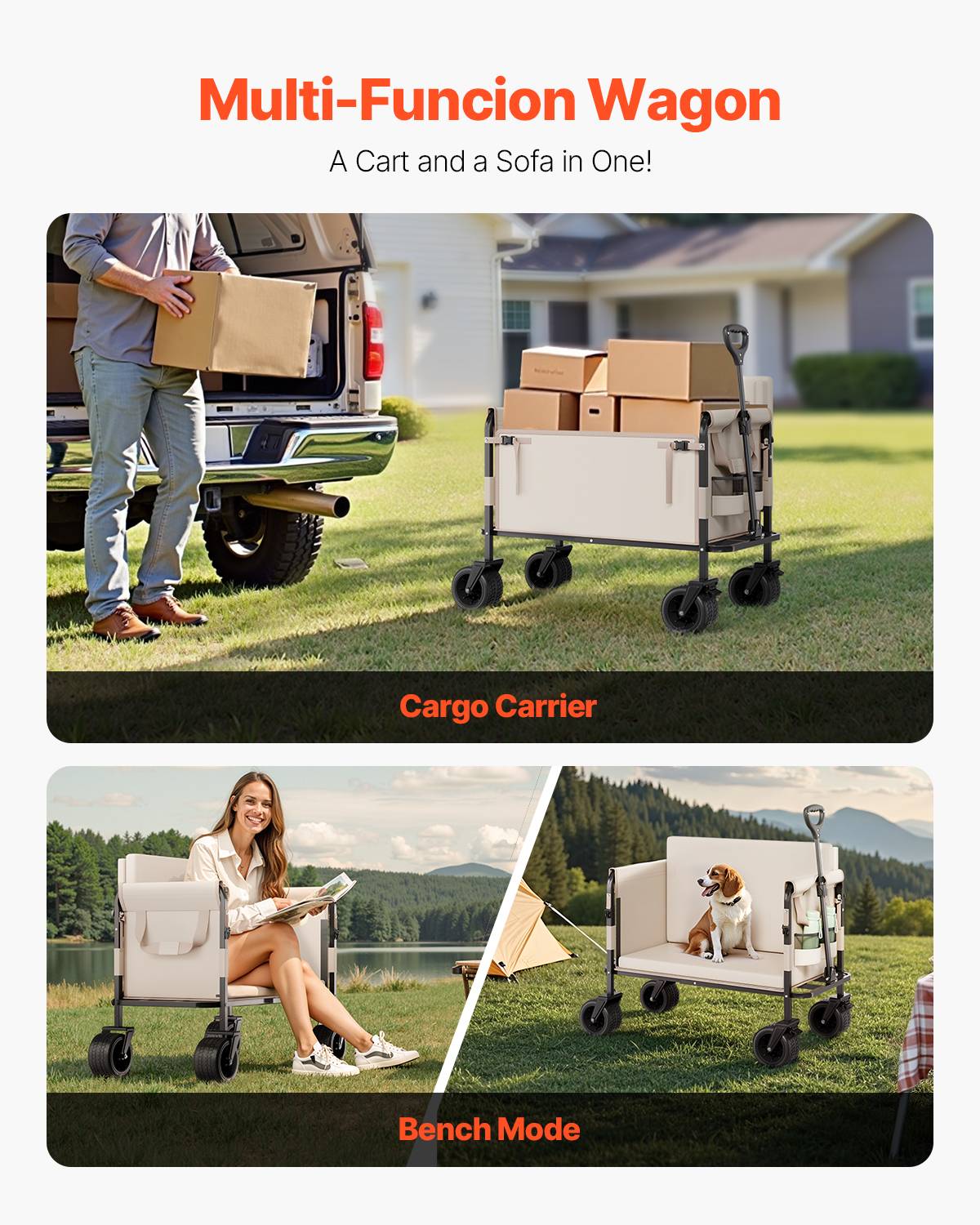 VEVOR Chariot jardin pliable 220L convertible banc, cap.249kg, poignée régl., extérieur/camping. - Image 2