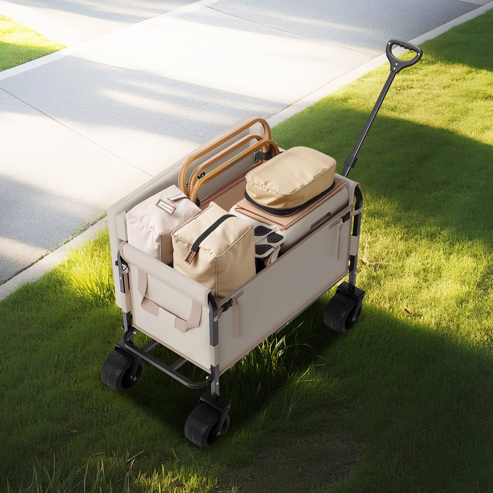 VEVOR Chariot jardin pliable 220L convertible banc, cap.249kg, poignée régl., extérieur/camping. - Image 8