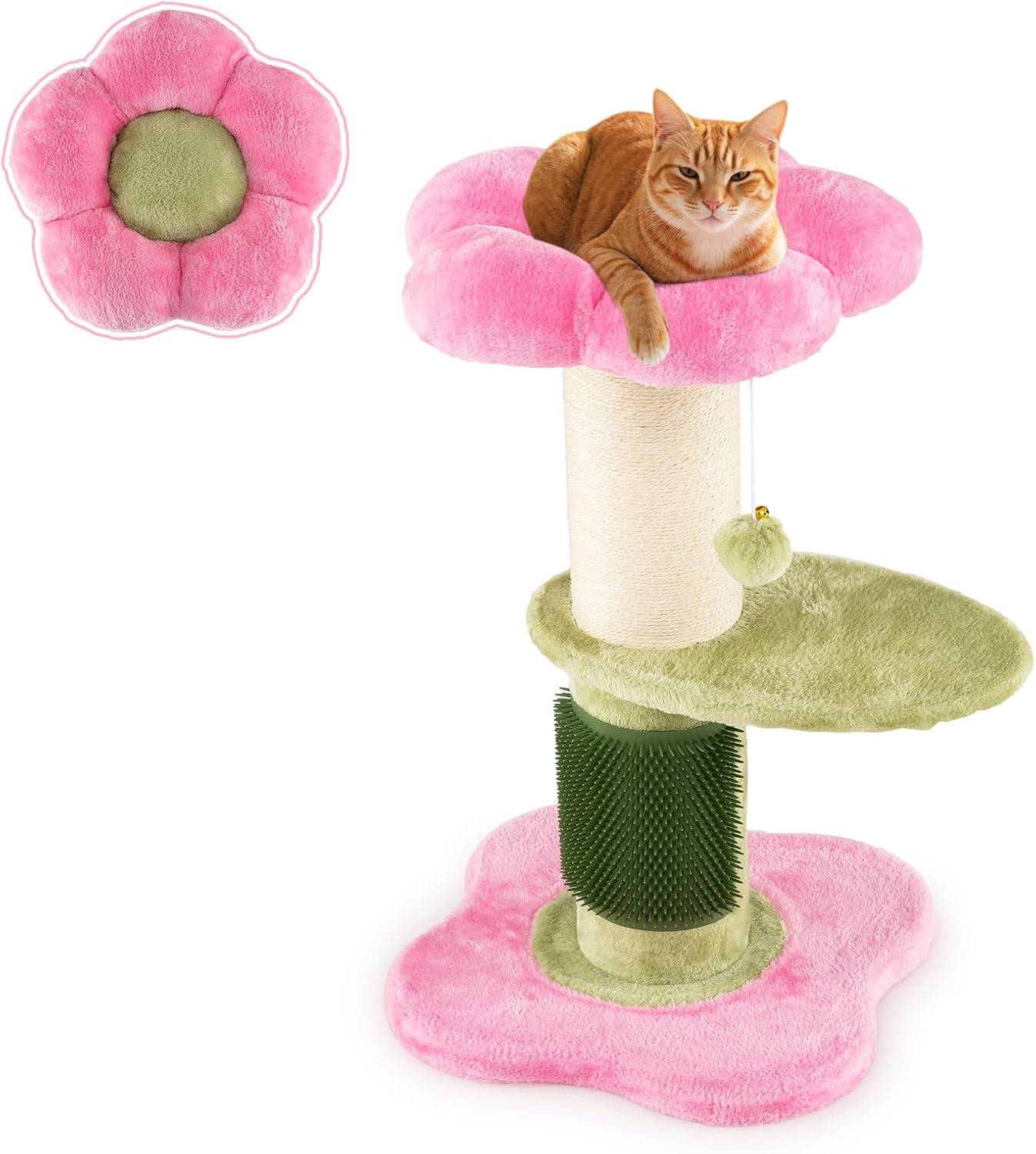 Petit Arbre à Chat Fleur 69 cm, 2 Plateformes, Ø13 cm Poteau à Griffer en Sisal, Brosse d'Toilettage, Arbre a Chat Design à 3 Niveaux, Pompon Suspendu