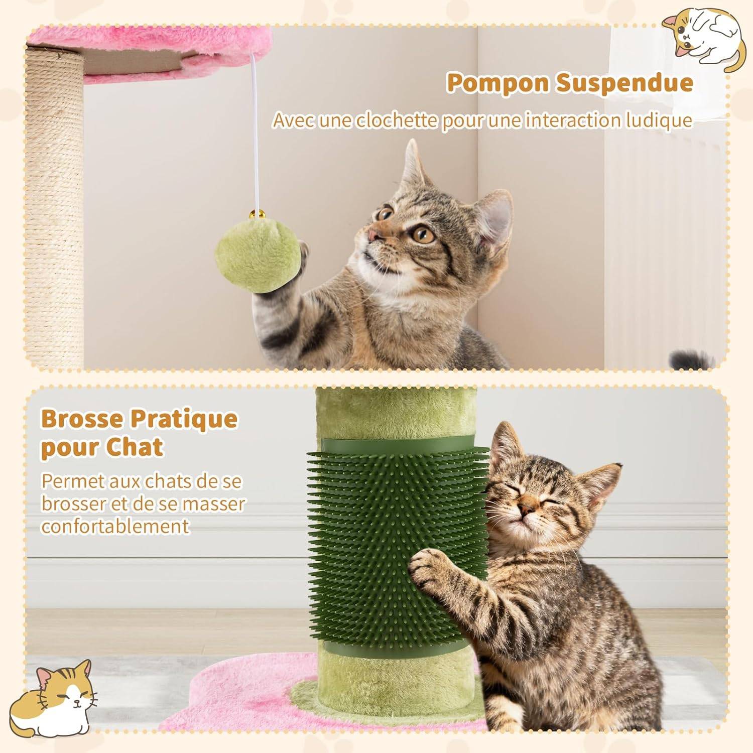 Costway - Petit Arbre à Chat Fleur 69 cm, 2 Plateformes, Ø13 cm Poteau à Griffer en Sisal, Brosse d'Toilettage, Arbre a Chat Design à 3 Niveaux, Pompon Suspendu - Image 5