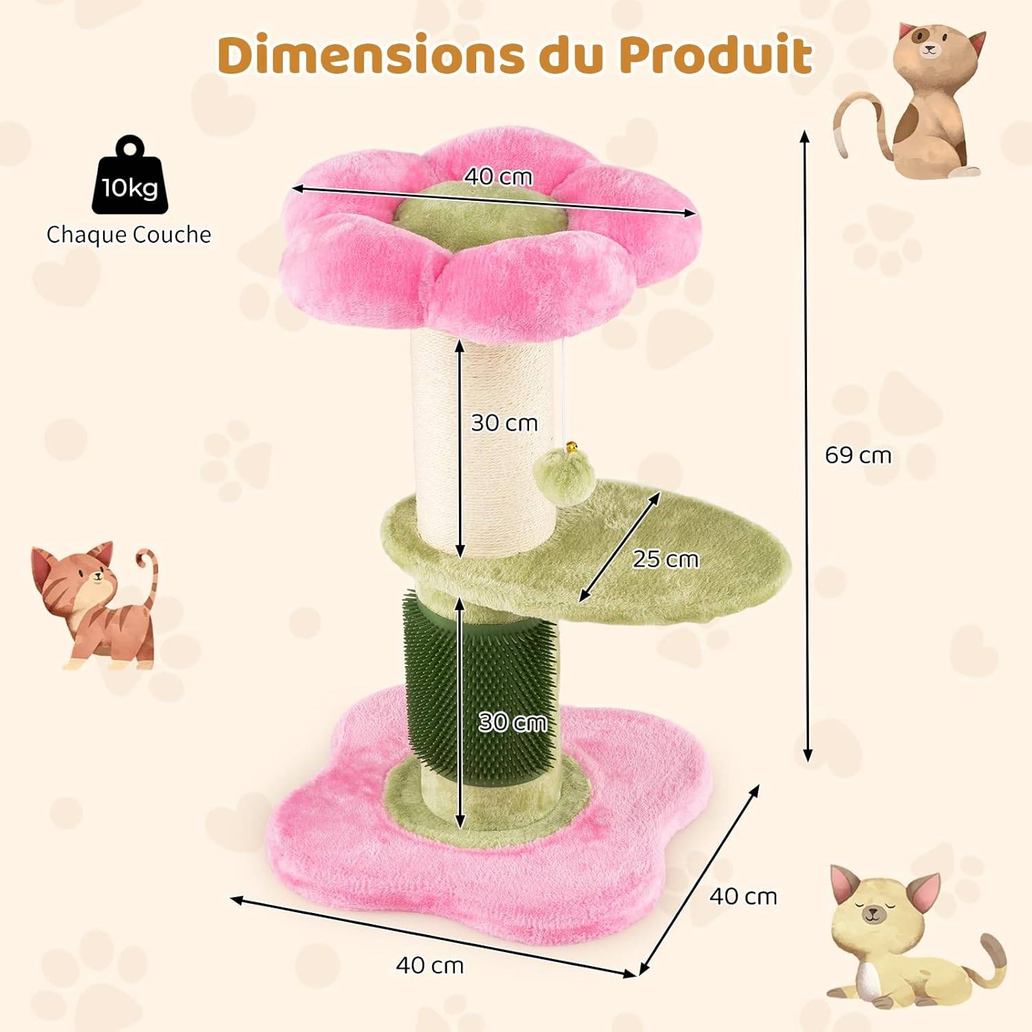 Costway - Petit Arbre à Chat Fleur 69 cm, 2 Plateformes, Ø13 cm Poteau à Griffer en Sisal, Brosse d'Toilettage, Arbre a Chat Design à 3 Niveaux, Pompon Suspendu - Image 4