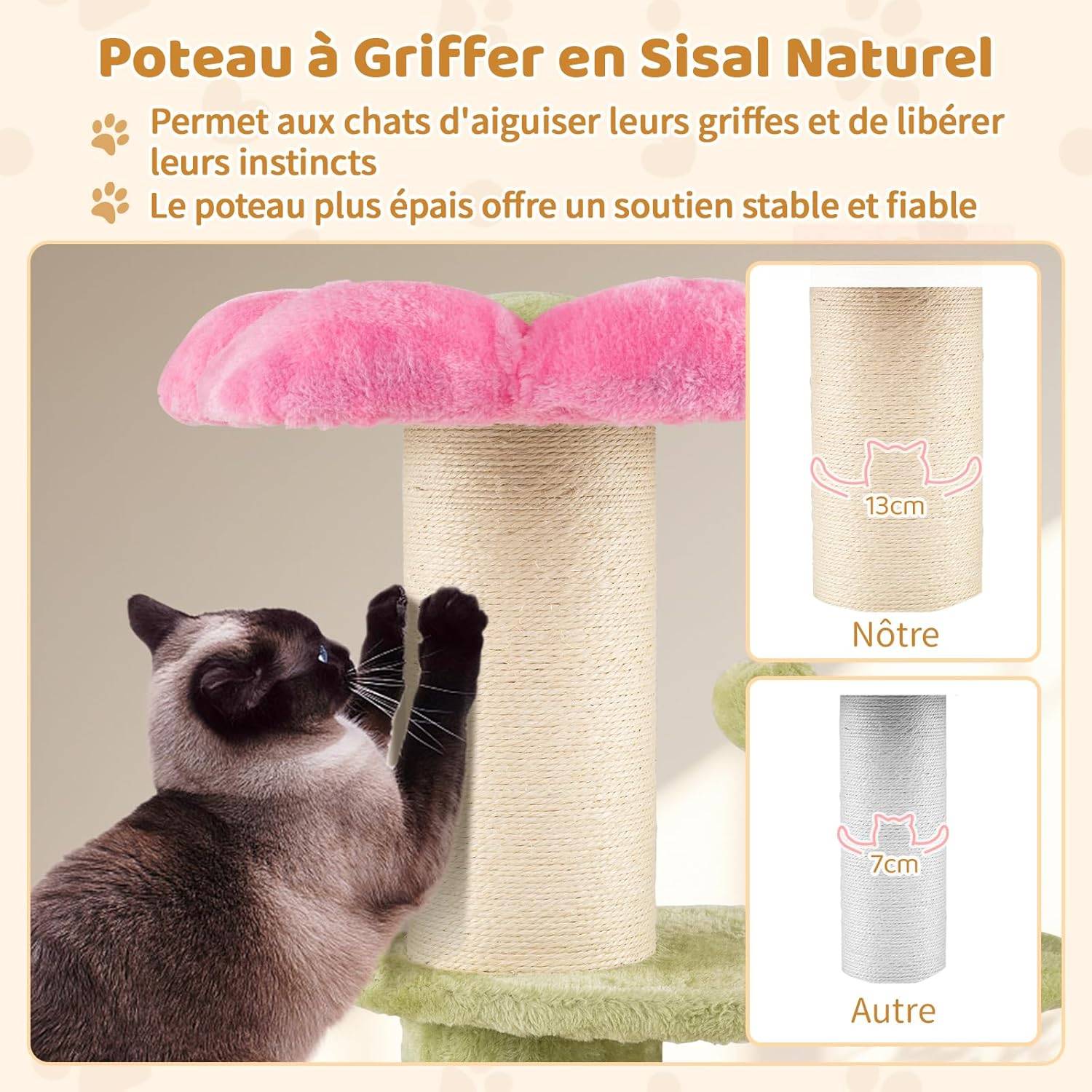 Costway - Petit Arbre à Chat Fleur 69 cm, 2 Plateformes, Ø13 cm Poteau à Griffer en Sisal, Brosse d'Toilettage, Arbre a Chat Design à 3 Niveaux, Pompon Suspendu - Image 3