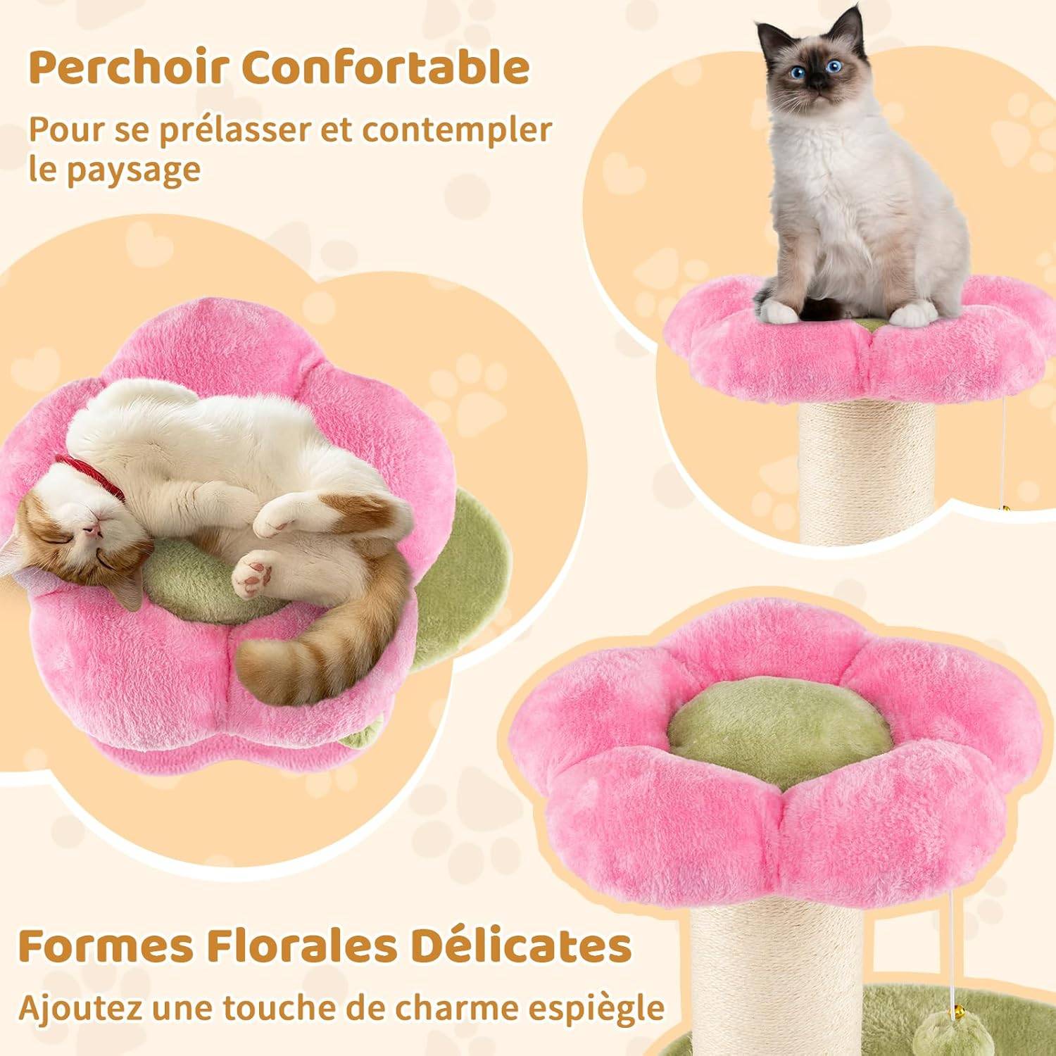 Costway - Petit Arbre à Chat Fleur 69 cm, 2 Plateformes, Ø13 cm Poteau à Griffer en Sisal, Brosse d'Toilettage, Arbre a Chat Design à 3 Niveaux, Pompon Suspendu - Image 2