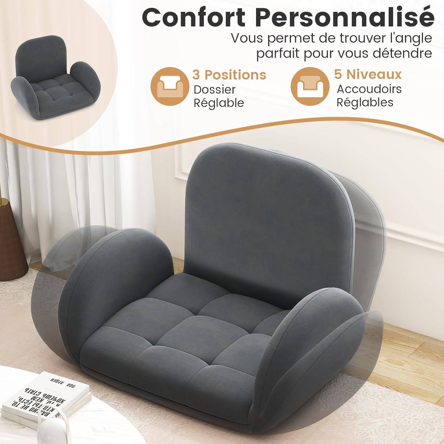 Costway - COSTWAY Chaise de Jeu Pliable au Sol pour Adultes, Fauteuil de Relaxation avec Dossier et Accoudoirs Réglables, Fauteuil de Salon Inclinable, Gris - Image 7
