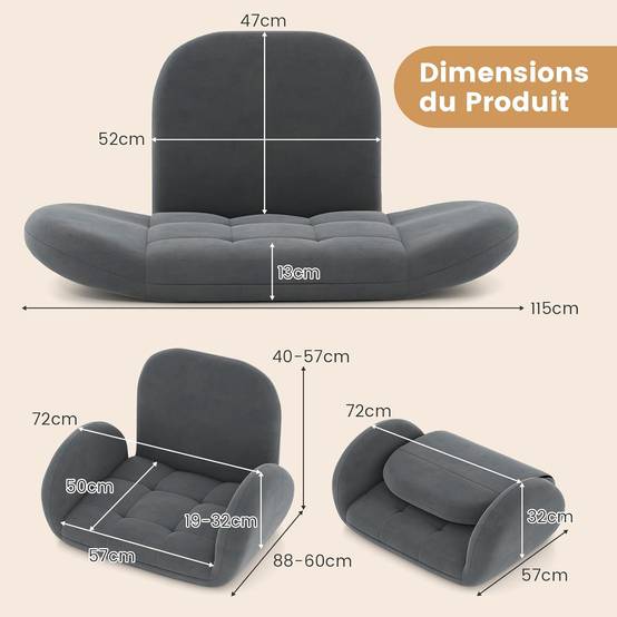 Costway - COSTWAY Chaise de Jeu Pliable au Sol pour Adultes, Fauteuil de Relaxation avec Dossier et Accoudoirs Réglables, Fauteuil de Salon Inclinable, Gris - Image 3