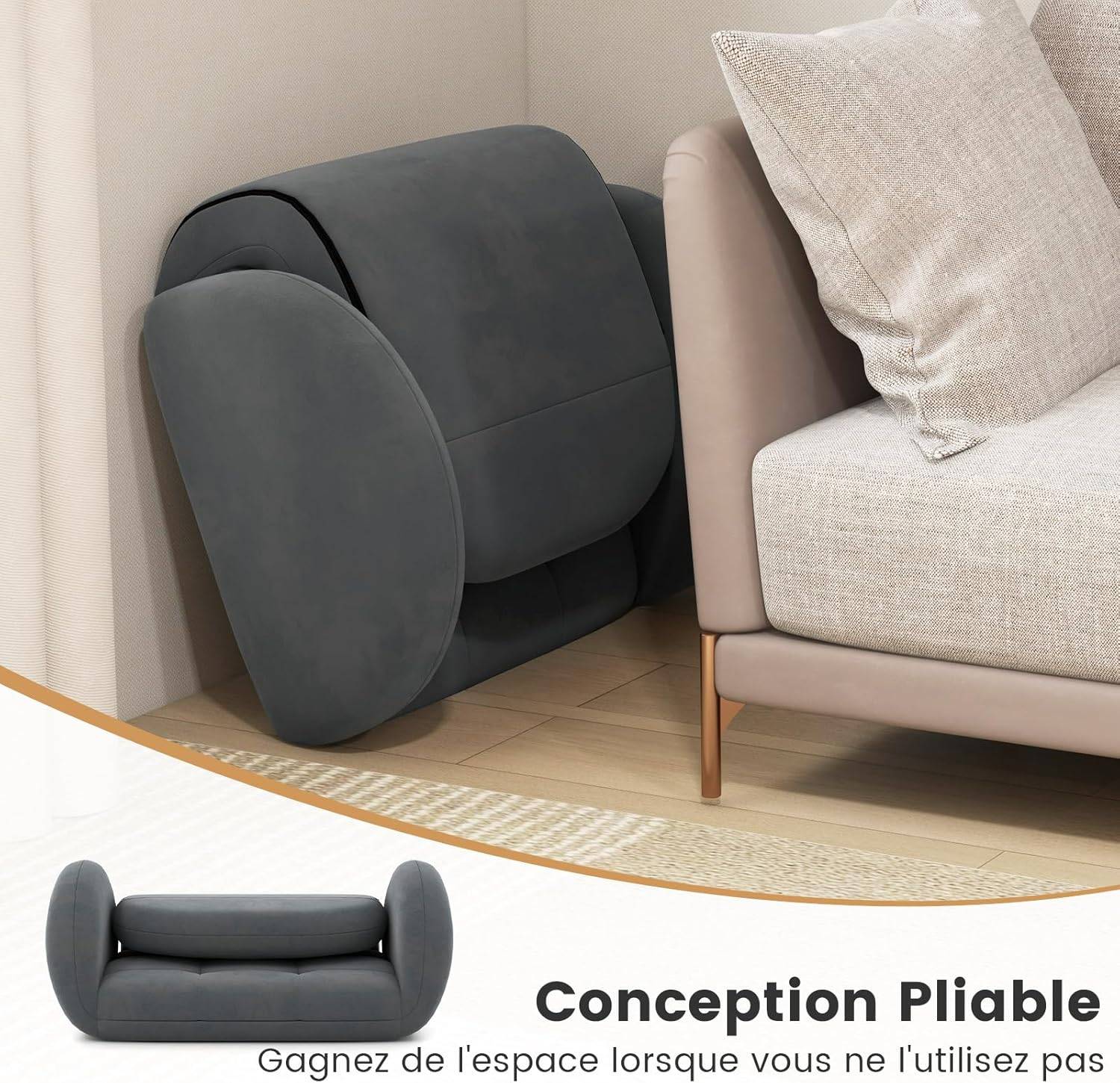 Costway - COSTWAY Chaise de Jeu Pliable au Sol pour Adultes, Fauteuil de Relaxation avec Dossier et Accoudoirs Réglables, Fauteuil de Salon Inclinable, Gris - Image 9