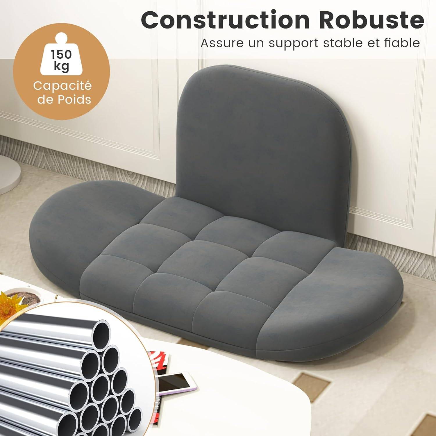 Costway - COSTWAY Chaise de Jeu Pliable au Sol pour Adultes, Fauteuil de Relaxation avec Dossier et Accoudoirs Réglables, Fauteuil de Salon Inclinable, Gris - Image 8