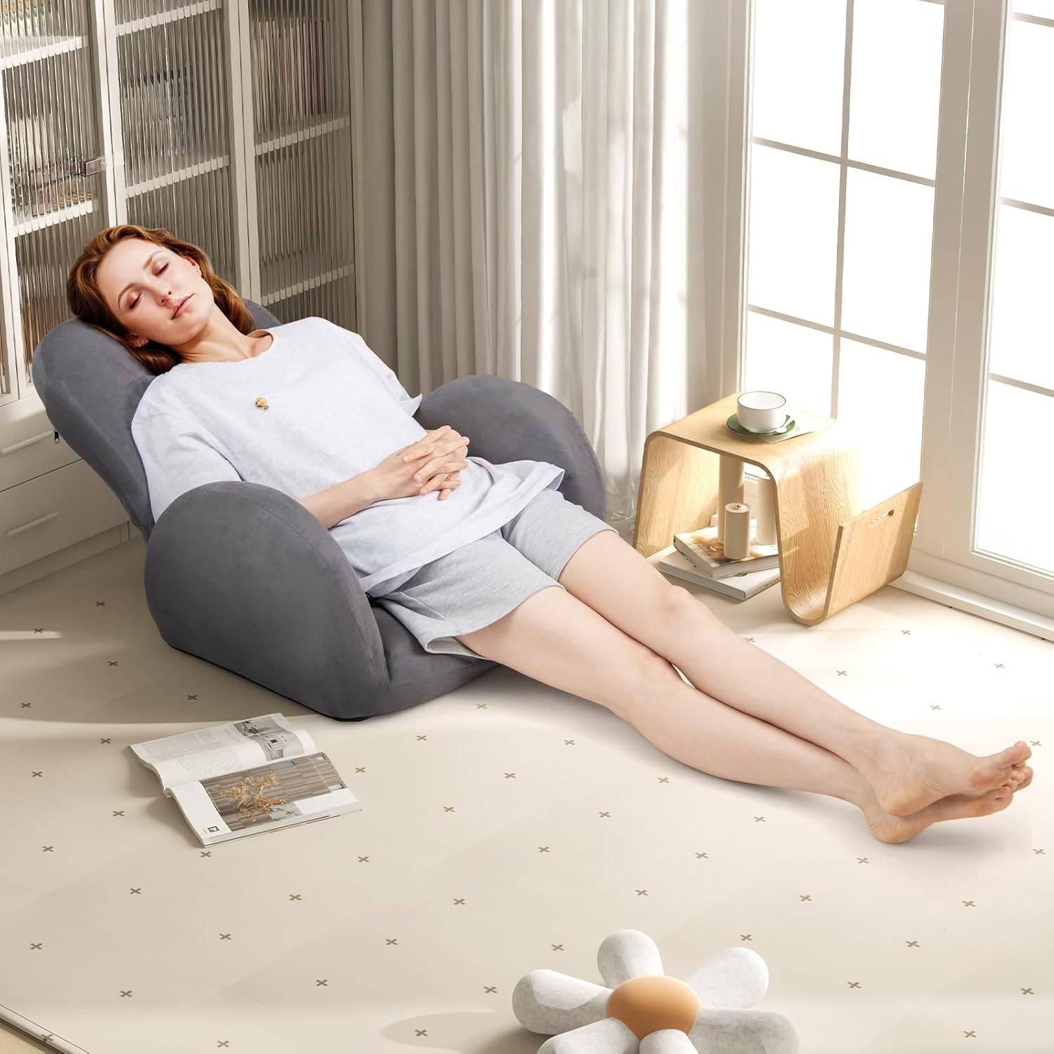 Costway - COSTWAY Chaise de Jeu Pliable au Sol pour Adultes, Fauteuil de Relaxation avec Dossier et Accoudoirs Réglables, Fauteuil de Salon Inclinable, Gris - Image 2