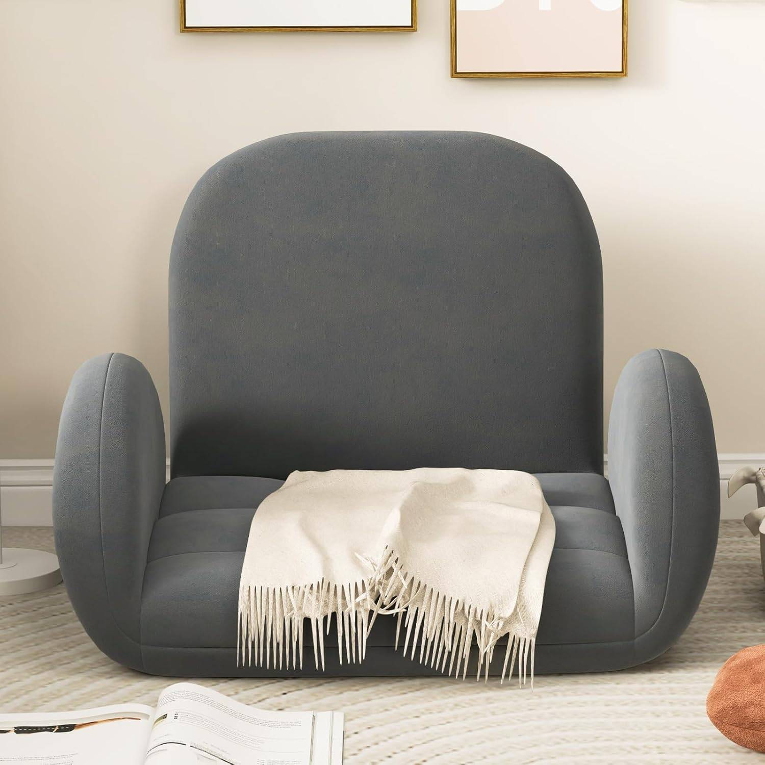 Costway - COSTWAY Chaise de Jeu Pliable au Sol pour Adultes, Fauteuil de Relaxation avec Dossier et Accoudoirs Réglables, Fauteuil de Salon Inclinable, Gris - Image 4