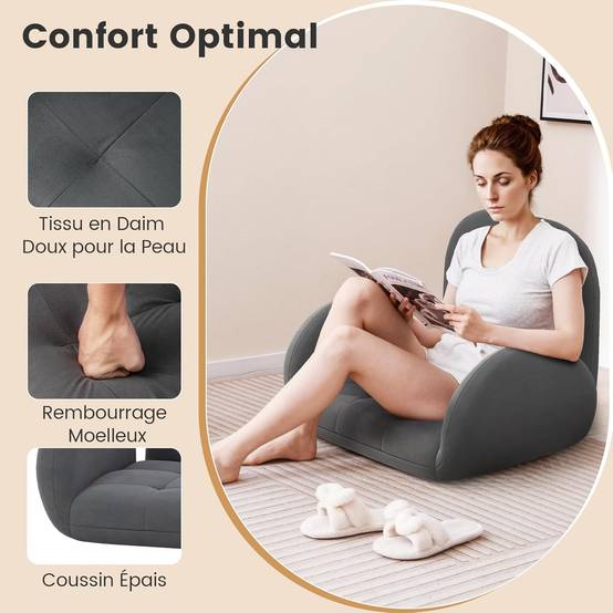 Costway - COSTWAY Chaise de Jeu Pliable au Sol pour Adultes, Fauteuil de Relaxation avec Dossier et Accoudoirs Réglables, Fauteuil de Salon Inclinable, Gris - Image 6
