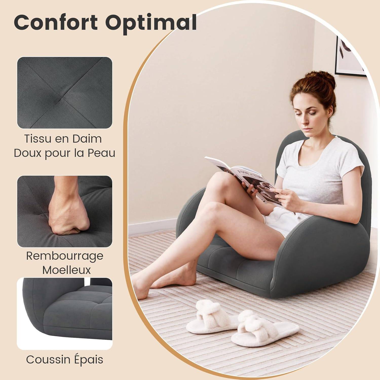 Costway - COSTWAY Chaise de Jeu Pliable au Sol pour Adultes, Fauteuil de Relaxation avec Dossier et Accoudoirs Réglables, Fauteuil de Salon Inclinable, Gris - Image 6