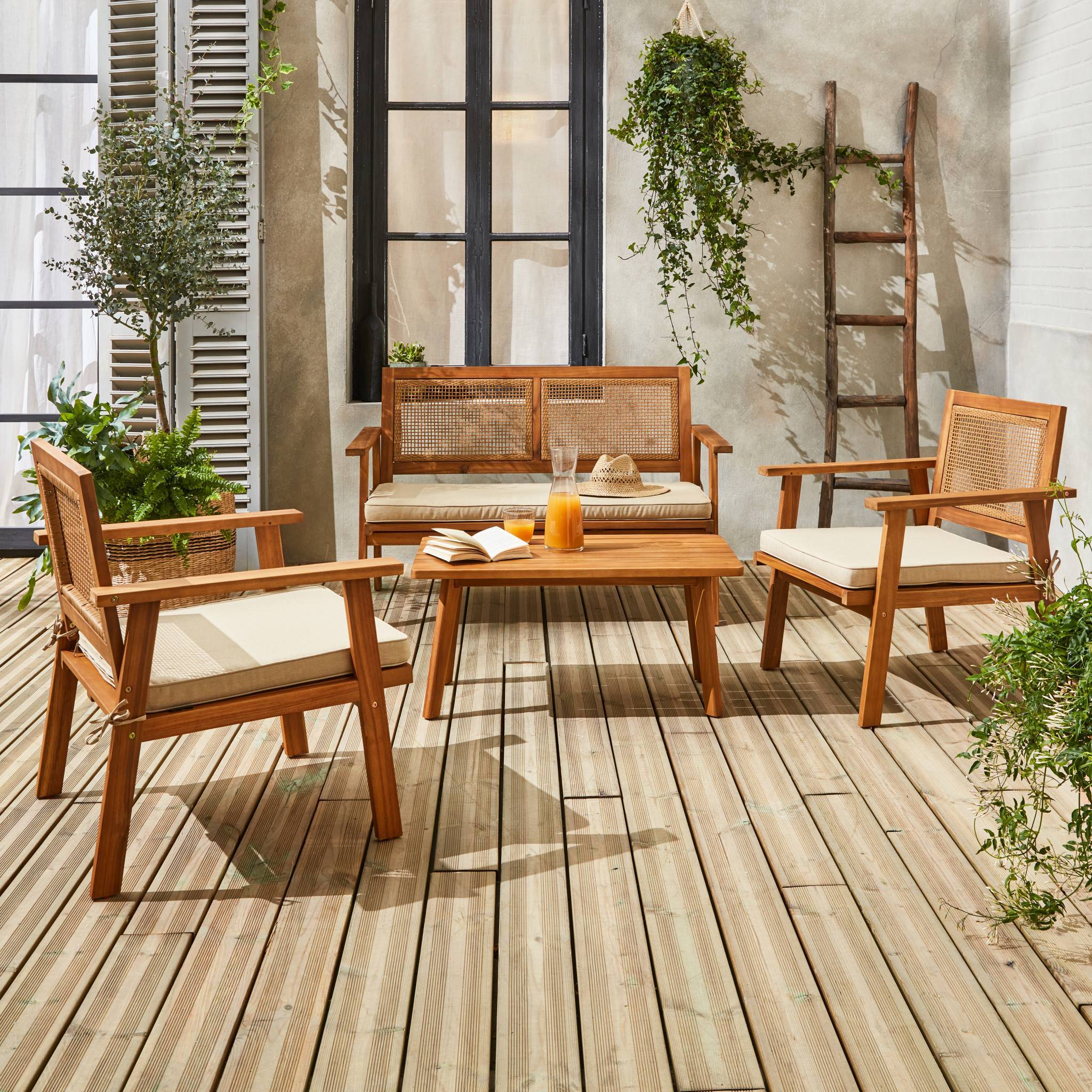 sweeek - Salon de jardin. Bohémia. cannage carré. canapé 2 places. 2 fauteuils. 1 table basse 117x64x74 cm | sweeek - Image 4