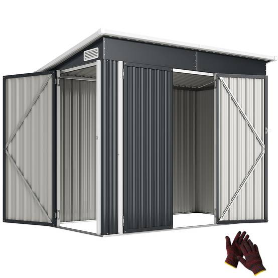 Sans Marque - Abri de jardin en métal cabane jardin extérieure triple porte verrouillable toit incliné aérations 234x132x185cm gris - Image 1