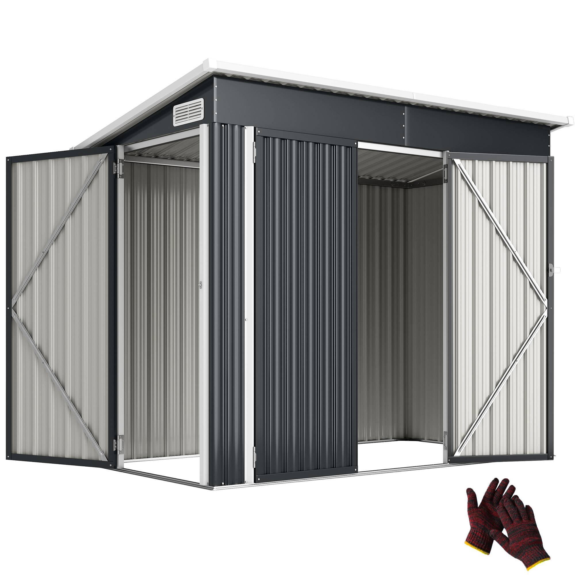 Sans Marque - Abri de jardin en métal cabane jardin extérieure triple porte verrouillable toit incliné aérations 234x132x185cm gris - Image 1