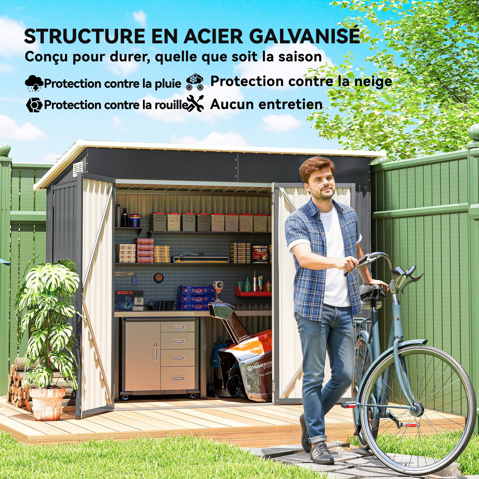 Sans Marque - Abri de jardin en métal cabane jardin extérieure triple porte verrouillable toit incliné aérations 234x132x185cm gris - Image 7