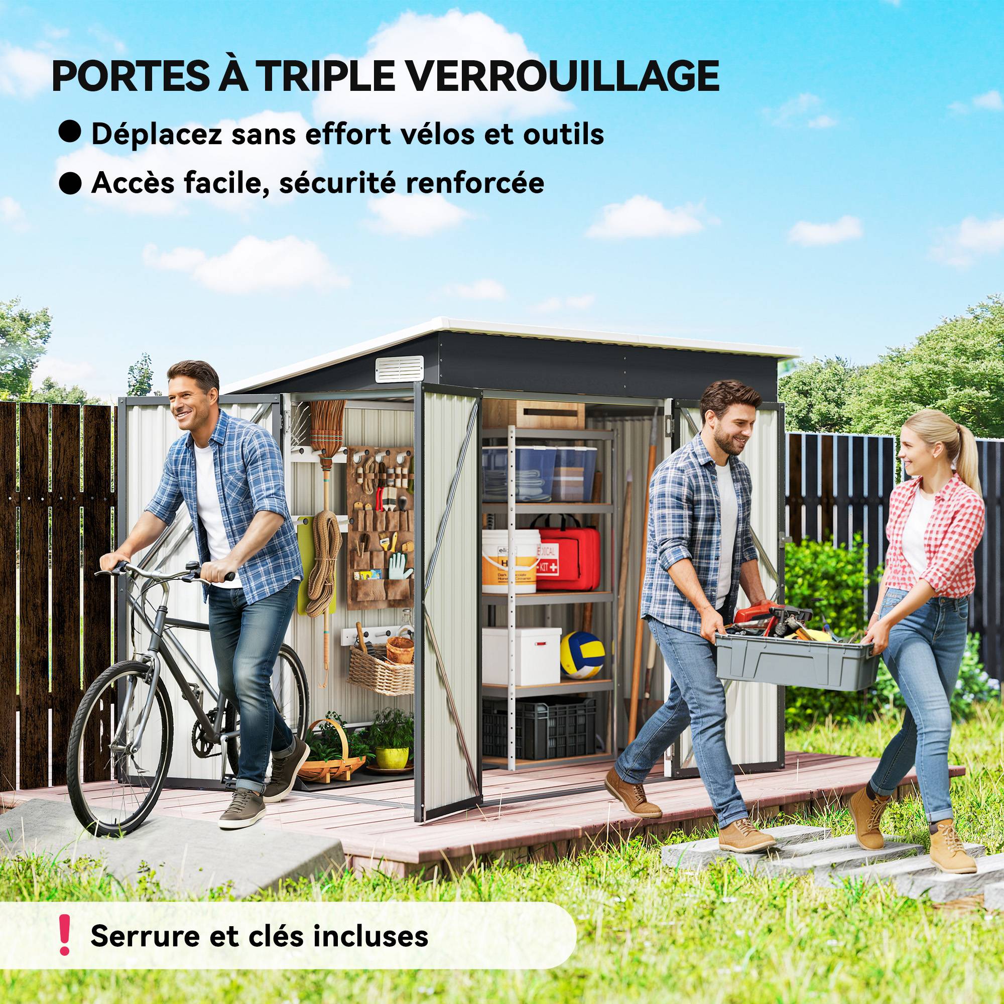 Sans Marque - Abri de jardin en métal cabane jardin extérieure triple porte verrouillable toit incliné aérations 234x132x185cm gris - Image 6