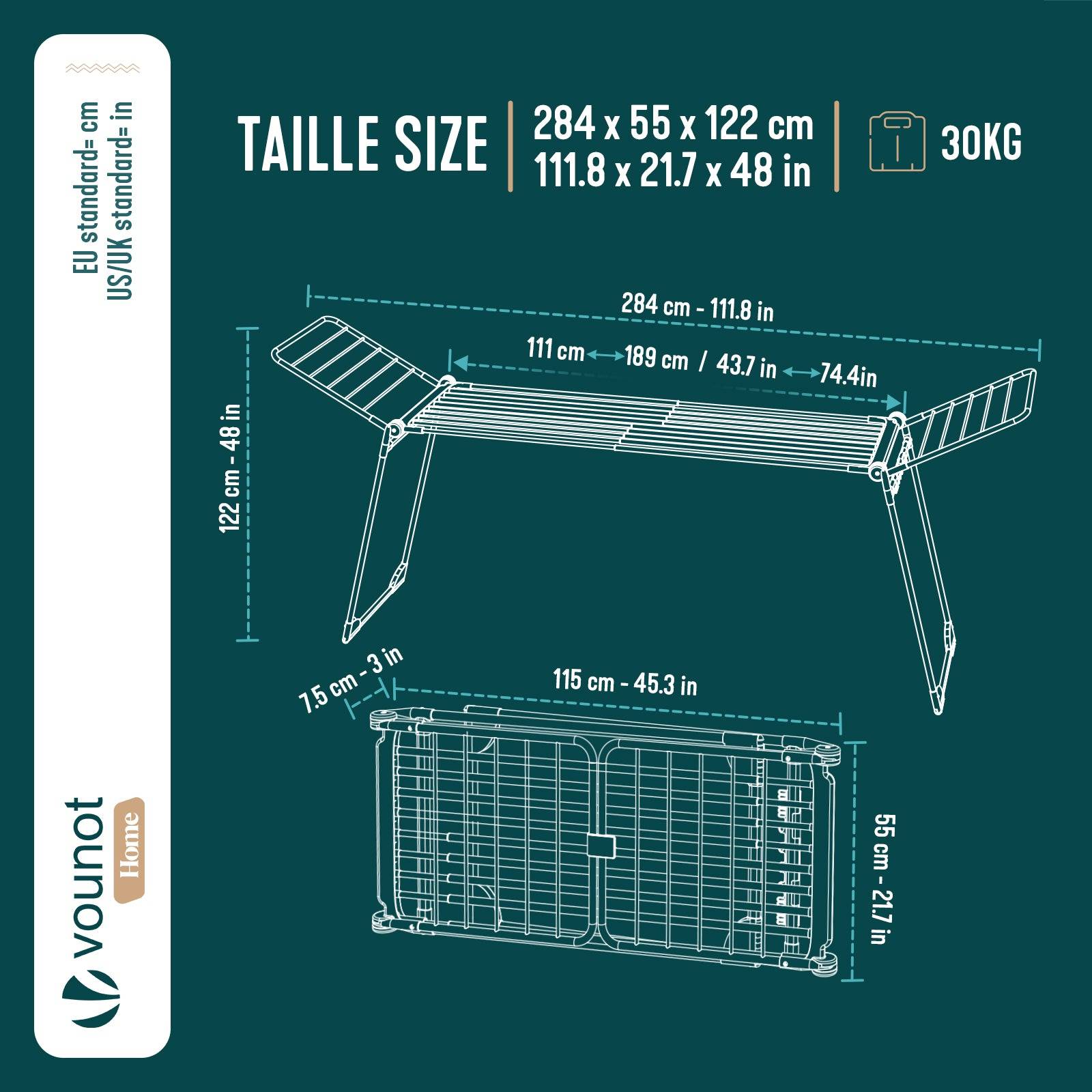 Vounot - Étendoir à linge extensible pliable métal renforcée 284x55x122cm, Séchoir télescopique grande capacité, Noir, VOUNOT® - Image 3
