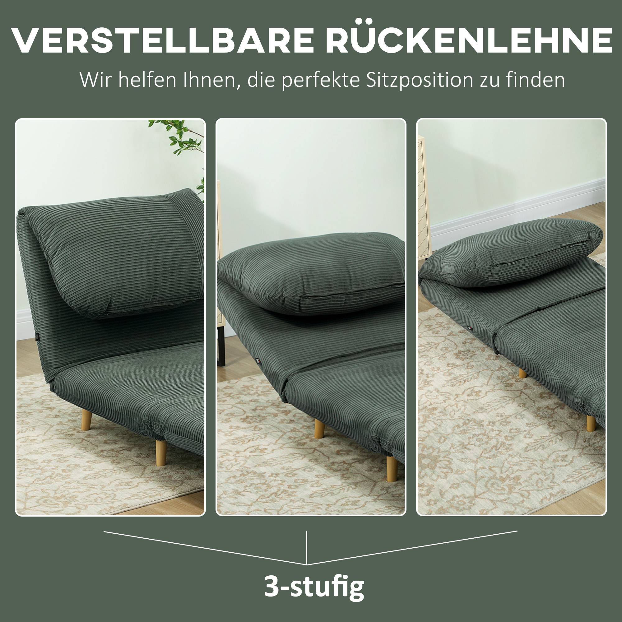 Fauteuil convertible 2 en 1 avec lit d'appoint, appui-tête réglable, aspect velours côtelé, 82 cm x 87 cm x 89 cm, vert - Image 7