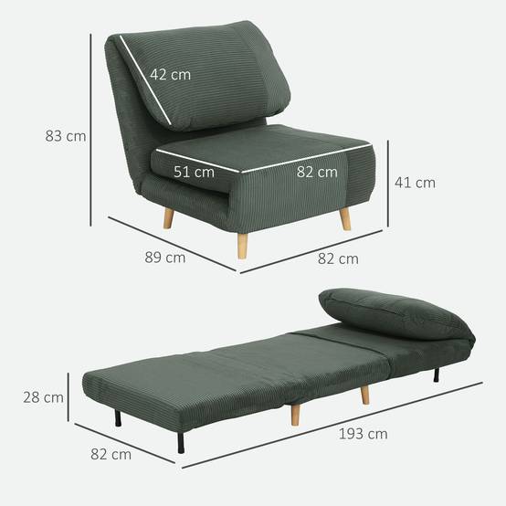 Fauteuil convertible 2 en 1 avec lit d'appoint, appui-tête réglable, aspect velours côtelé, 82 cm x 87 cm x 89 cm, vert - Image 5