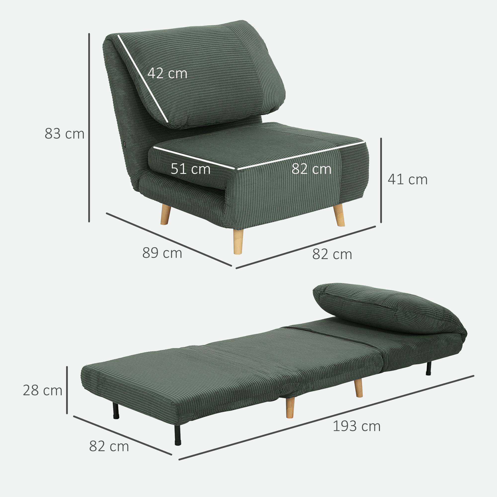 Fauteuil convertible 2 en 1 avec lit d'appoint, appui-tête réglable, aspect velours côtelé, 82 cm x 87 cm x 89 cm, vert - Image 5