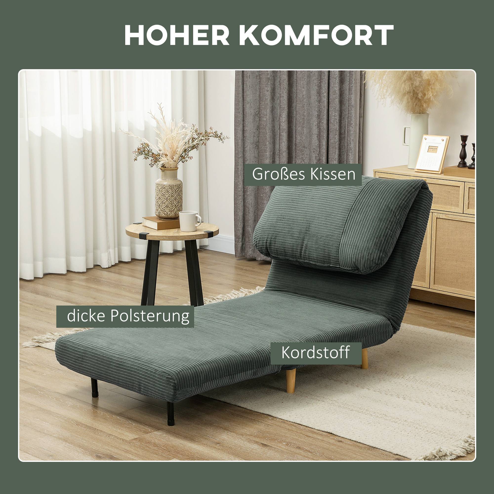 Fauteuil convertible 2 en 1 avec lit d'appoint, appui-tête réglable, aspect velours côtelé, 82 cm x 87 cm x 89 cm, vert - Image 8