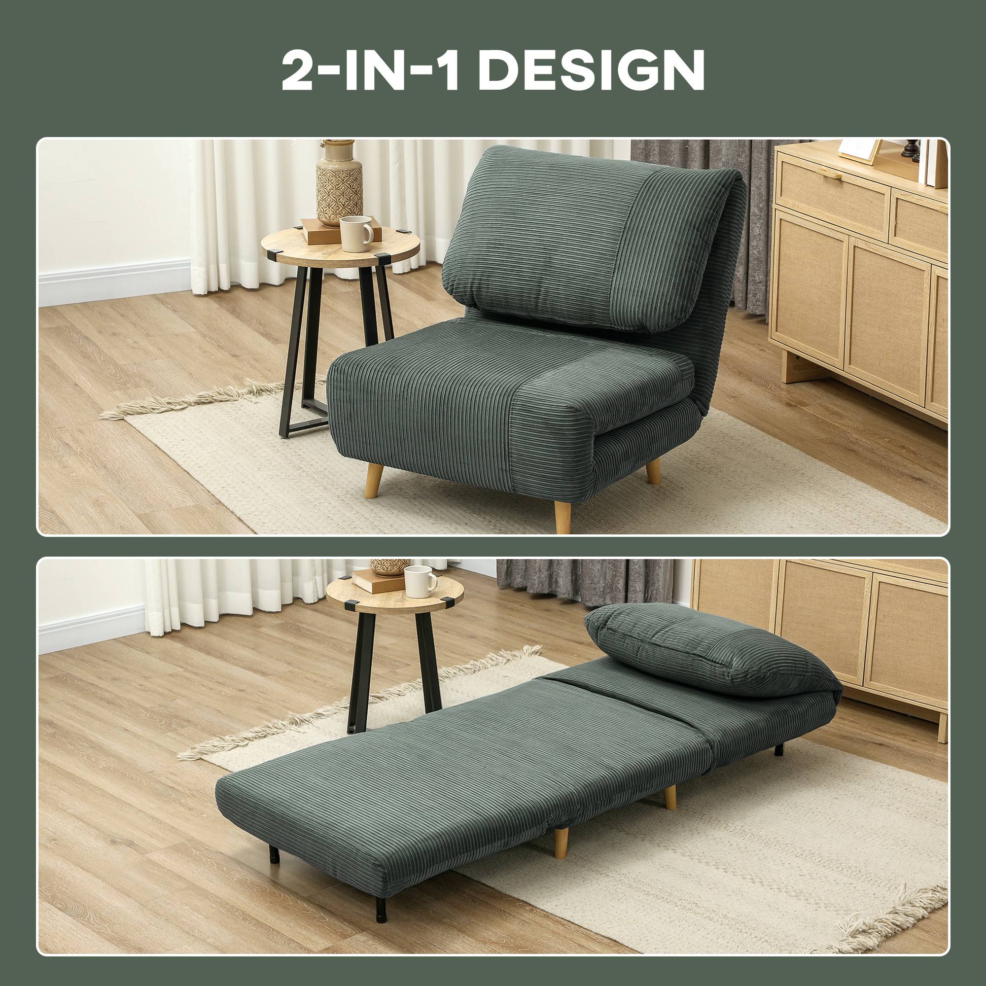 Fauteuil convertible 2 en 1 avec lit d'appoint, appui-tête réglable, aspect velours côtelé, 82 cm x 87 cm x 89 cm, vert - Image 6
