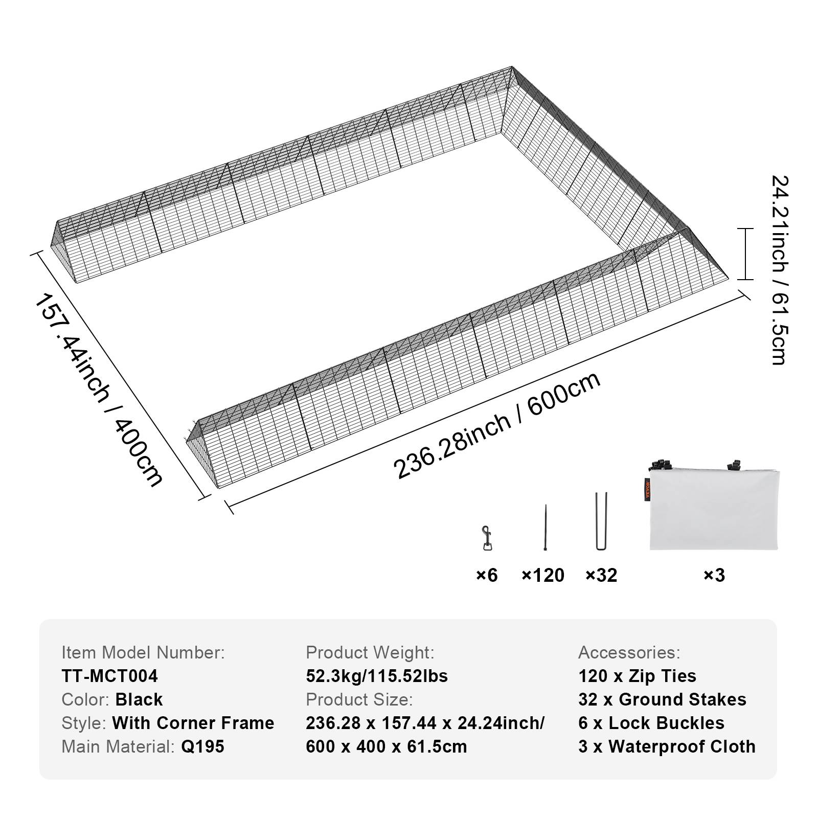 VEVOR Enclos poulailler, 600x400x61,5 cm, tunnels, portable. Cadres angle, pour poulets, canards, lapins. - Image 7