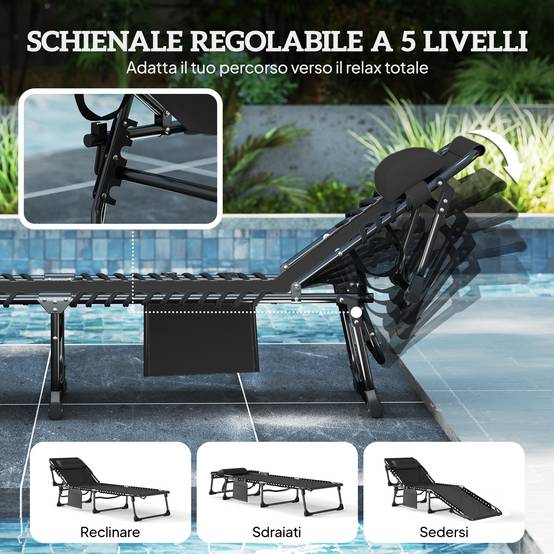 Ensemble de 2 chaises longues de jardin pliantes et inclinables à 5 positions avec coussins, 57 x 200 x 38 cm, noires - Image 6