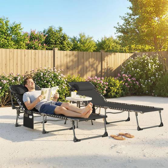 Ensemble de 2 chaises longues de jardin pliantes et inclinables à 5 positions avec coussins, 57 x 200 x 38 cm, noires - Image 3