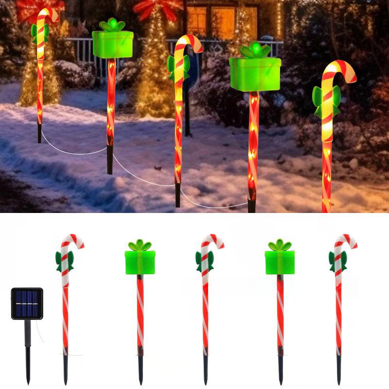 Paquet de 5 lampadaires extérieurs de Noël, lumières de canne de boîte-cadeau solaire à 8 modes, lumières de piquet extérieures de Noël imperméables - Image 1