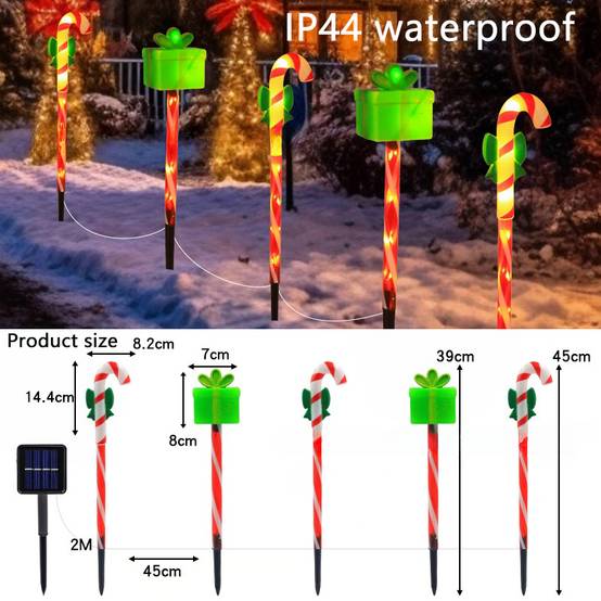 Paquet de 5 lampadaires extérieurs de Noël, lumières de canne de boîte-cadeau solaire à 8 modes, lumières de piquet extérieures de Noël imperméables - Image 2