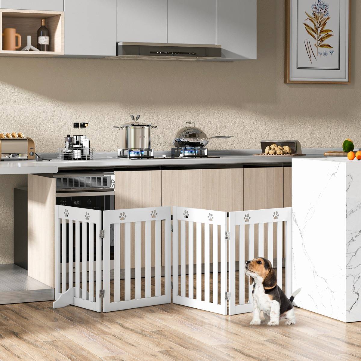 Barrière de Sécurité en Bois pour Chiens avec Charnières Flexibles à 360° et 4 Panneux 60CM Blanc - Image 5