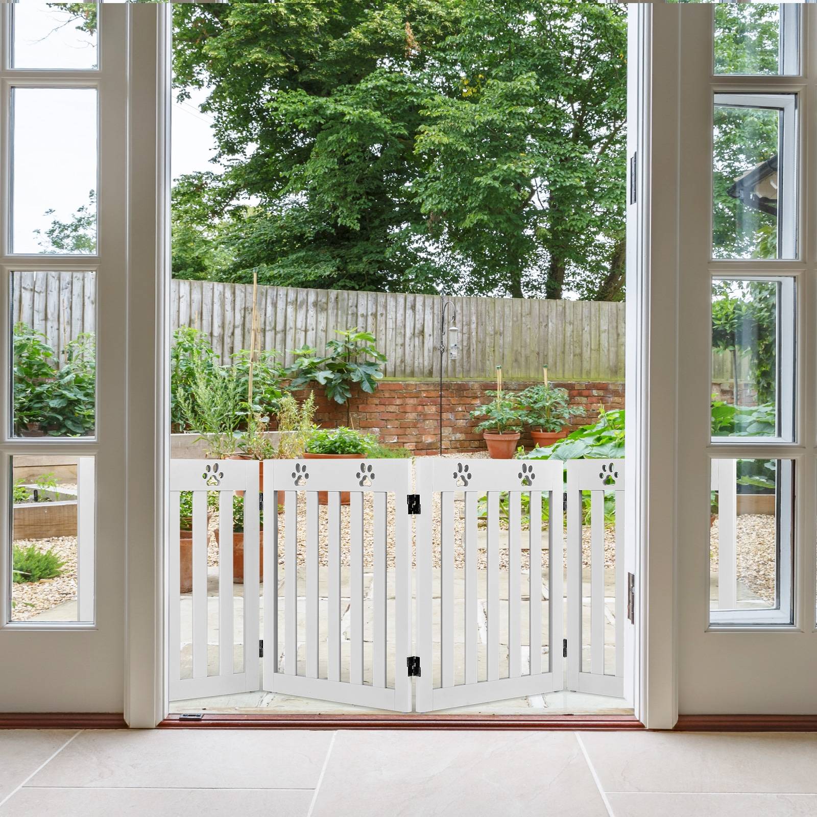 Barrière de Sécurité en Bois pour Chiens avec Charnières Flexibles à 360° et 4 Panneux 60CM Blanc - Image 2