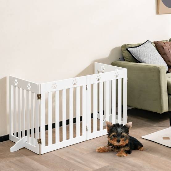 Barrière de Sécurité en Bois pour Chiens avec Charnières Flexibles à 360° et 4 Panneux 60CM Blanc - Image 4