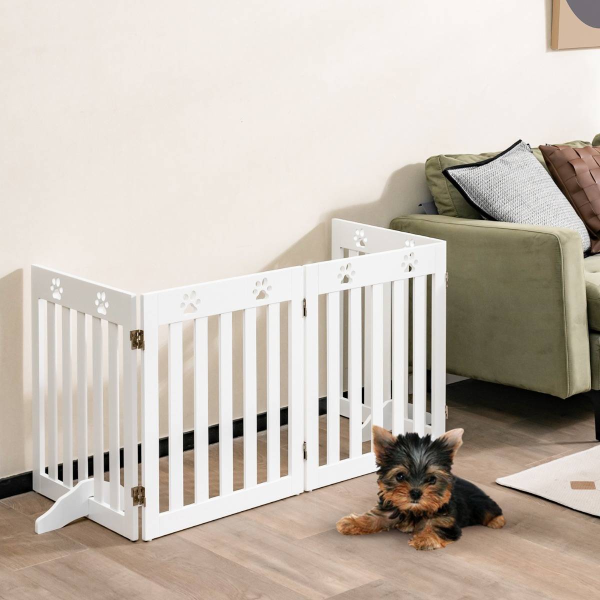 Barrière de Sécurité en Bois pour Chiens avec Charnières Flexibles à 360° et 4 Panneux 60CM Blanc - Image 4