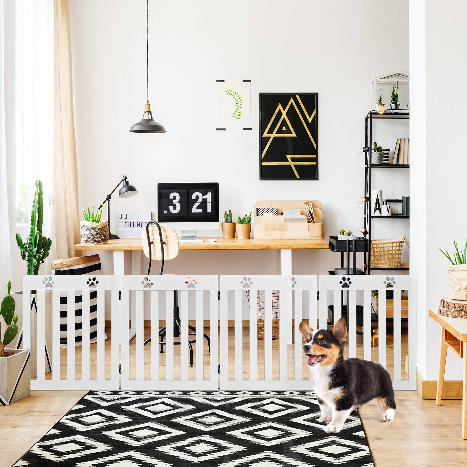 Barrière de Sécurité en Bois pour Chiens avec Charnières Flexibles à 360° et 4 Panneux 60CM Blanc - Image 3