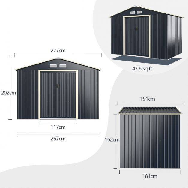 Helloshop26 - Abri de jardin en métal 5,29 ㎡ 277 x 191 x 202 cm avec 2 portes coulissantes verrouillables 4 trous d’aération pour vélo gris - Image 5