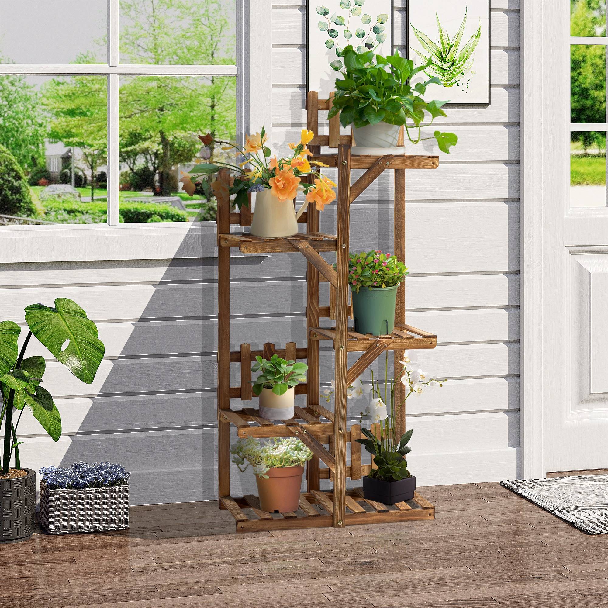 Sans Marque - Étagère à Fleurs en Bois de Sapin Supports de Pots Porte Plante 5 tablettes Ornement Petites barrières 60 x - Image 3