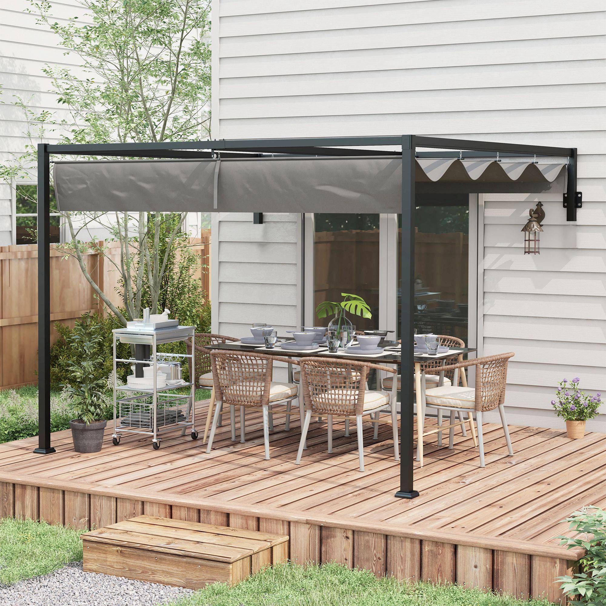 Pergola Adossée Acier Terrasse Toit Rétractable Drainage 3x4m Gris Foncé - ComfortXL Outdoor Living - Image 3