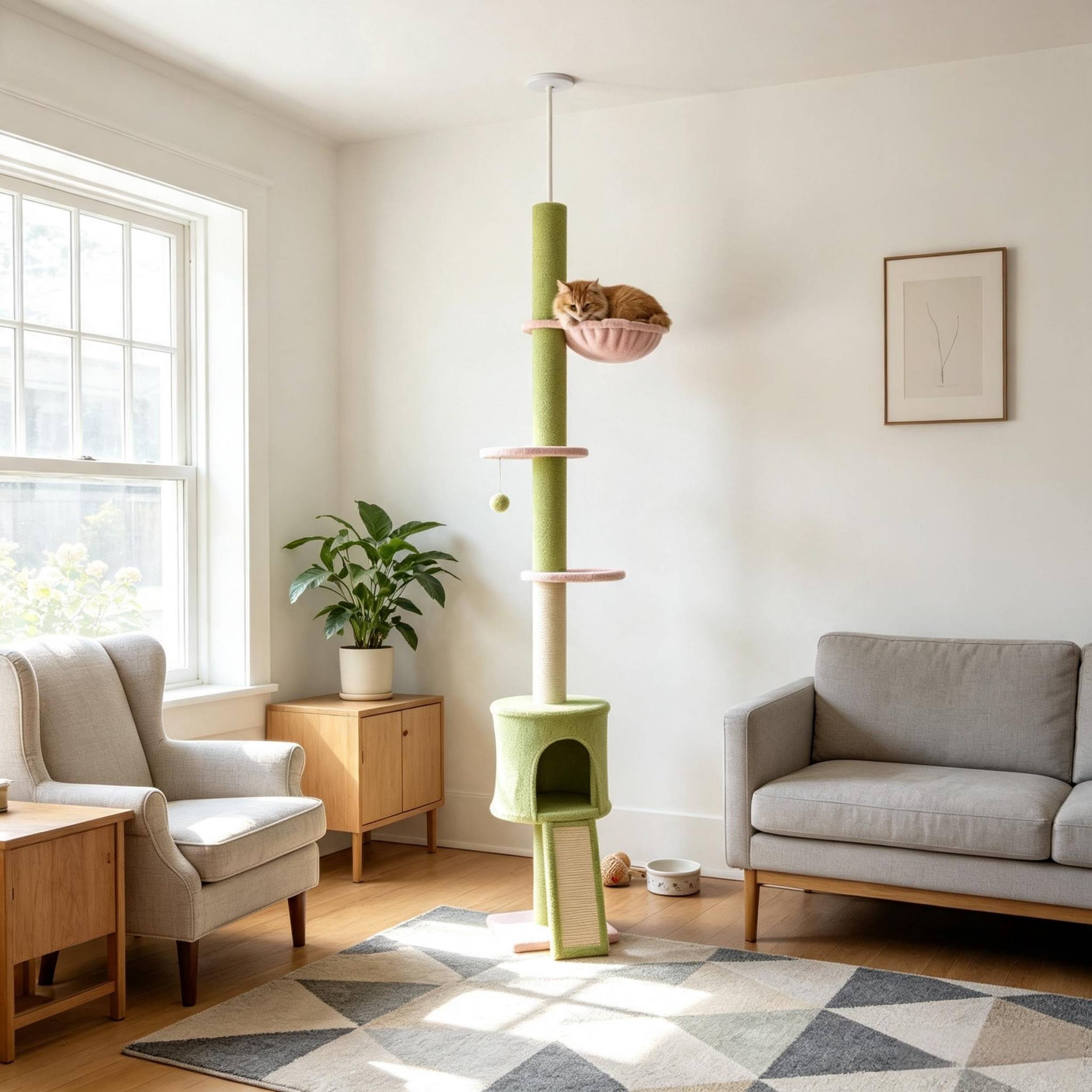 Arbre à chat sol-plafond réglable 220-240 cm, plateformes fleurs, poteau sisal, sans hamac vert - Image 6