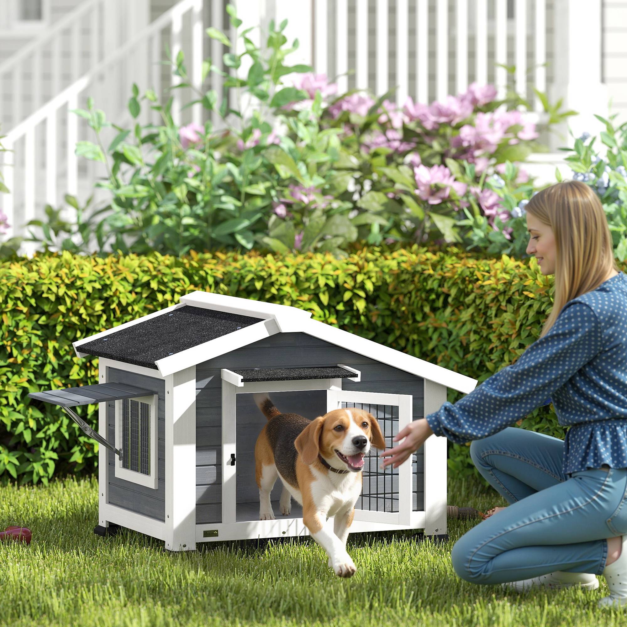 Sans Marque - Niche pour Chien Extérieur Abri Jardin Surélevé Plancher Amovible Auvent de Porte et Toit Imperméable 98x76x69,5cm Gris - Image 3